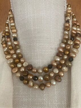 Genuine Multi-Strand Freshwater Pearl Necklace in Champagne and Gold Tones